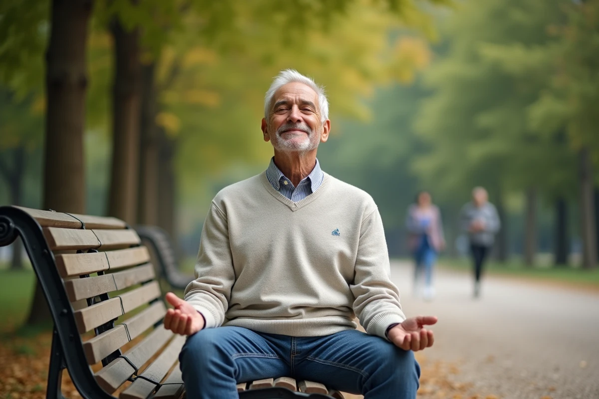 Homme âgé méditant sur un banc dans un parc vert