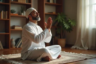Homme musulman en prière de istikhara, mains levées en supplication sur un tapis de prière, atmosphère de recueillement à la maison