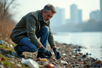 Homme en jeans nettoyant une rivière polluée en ville