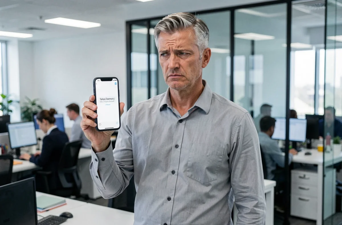 Homme en open space examinant une notification de lien frauduleux sur son smartphone