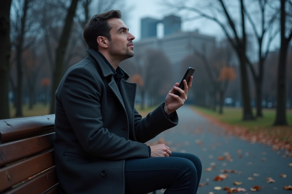 Homme seul dans un parc en automne regardant son téléphone afficher 11h01, heure miroir et chemin de vie