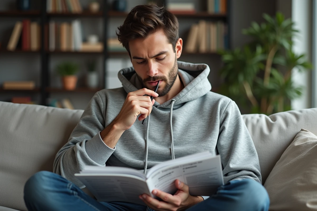 Homme pensif résolvant des mots fléchés dans un magazine posé sur ses genoux dans un salon moderne