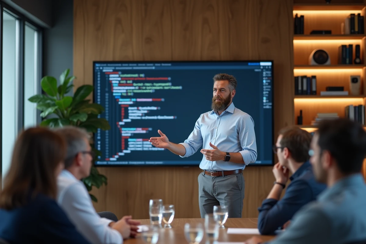 Homme présentant du code à une équipe en réunion