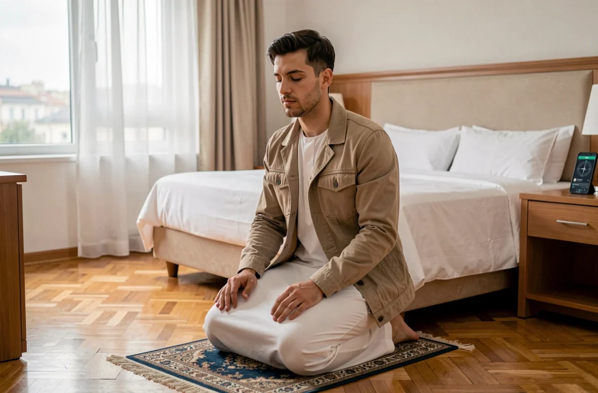 Homme en prière sur un tapis de prière portable dans une chambre d'hôtel en voyage