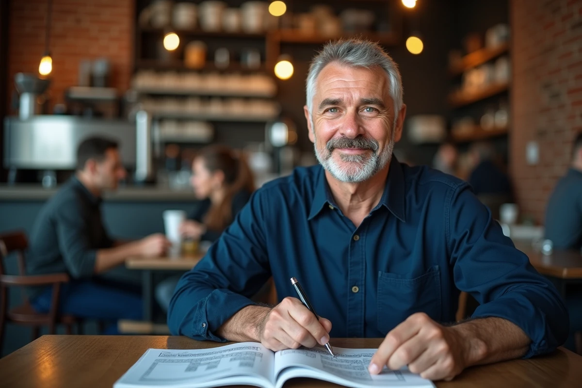 Homme d'âge mûr résolvant un puzzle logique dans un café urbain avec un magazine d'énigmes ouvert sur la table