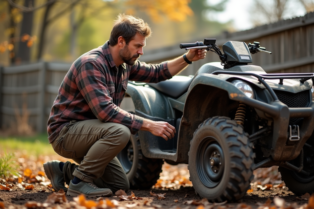 Homme en plein air vérifiant son quad tout-terrain