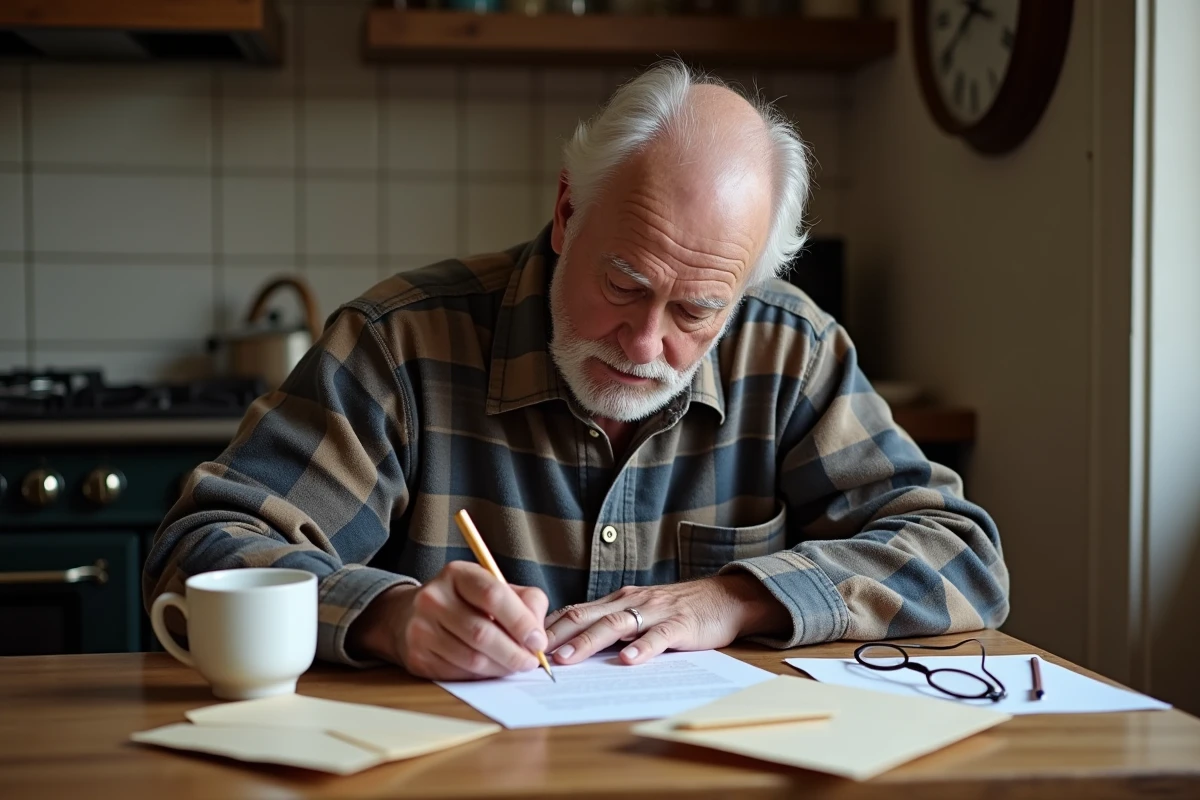 Homme âgé rédigeant une réclamation manuscrite concernant l'heure de passage du facteur dans une cuisine française traditionnelle