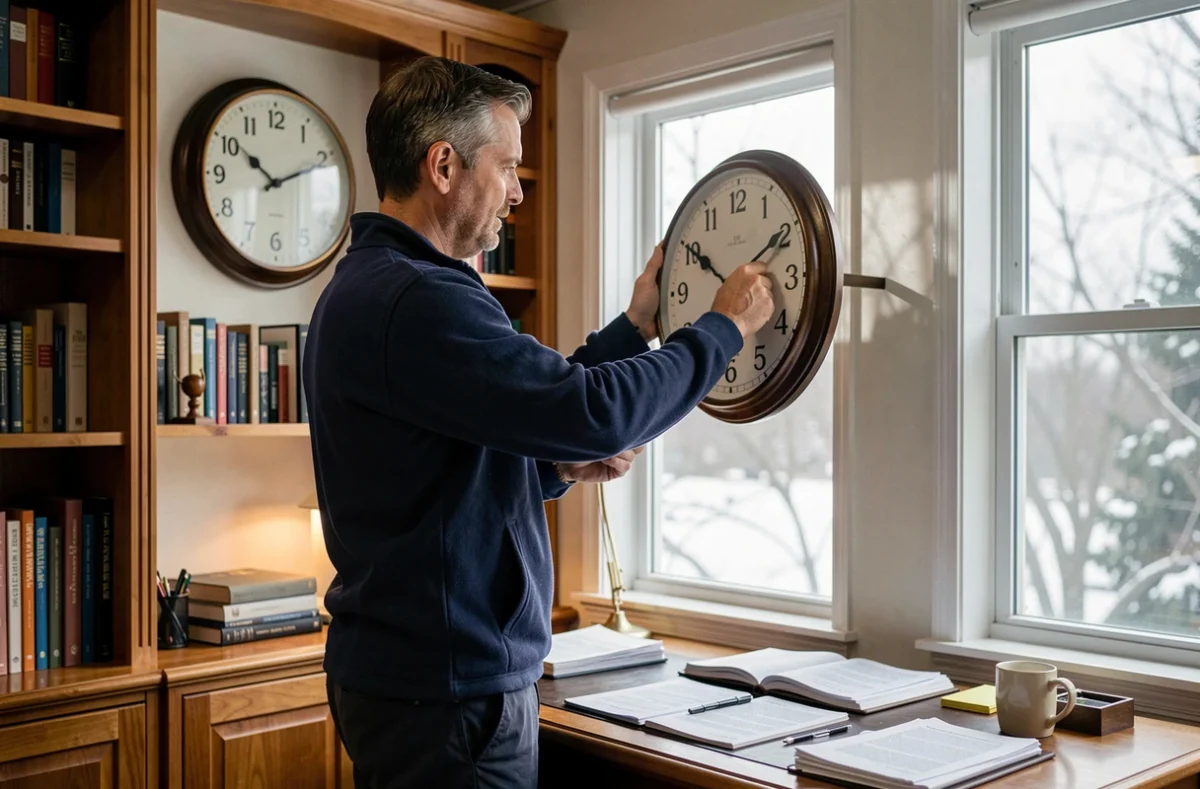 Homme réglant une horloge murale chez lui en hiver, symbolisant le changement d'heure à Washington