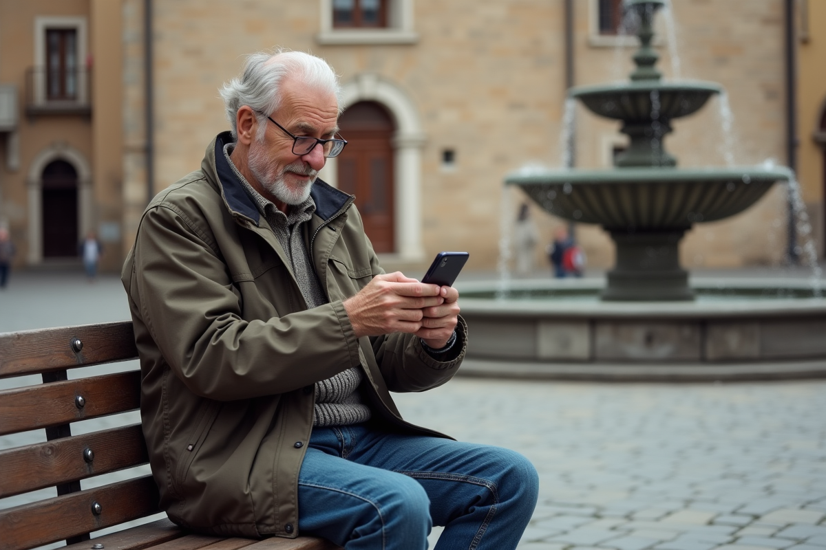 Homme âgé consultant une carte sur son smartphone dans une place européenne