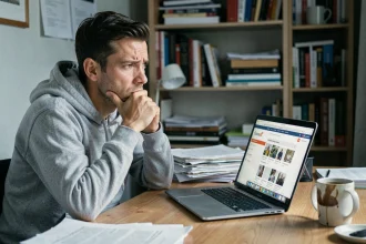 Homme adulte sceptique devant son ordinateur portable consultant un site de vente de cartes Pokémon en ligne avec une expression préoccupée