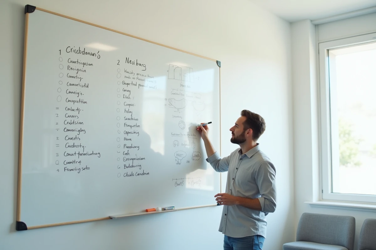 Homme devant un tableau blanc avec des listes mnémotechniques pour retenir les 15 pays les plus peuplés du monde