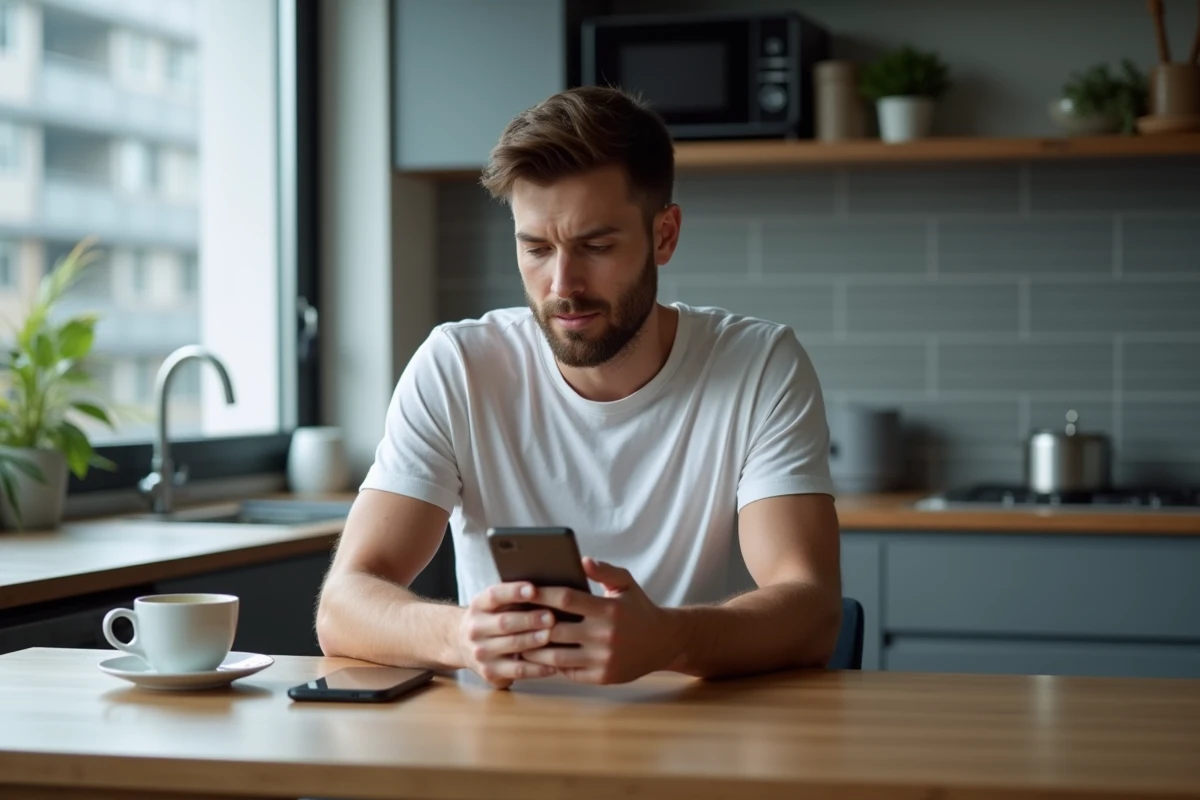 Homme dans sa cuisine ignorant son téléphone avec indifférence, symbolisant le silence numérique et le comportement de quelqu'un qui ne regarde plus les story de son partenaire