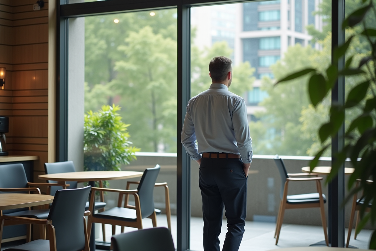 Homme regardant la ville depuis une fenêtre de pause