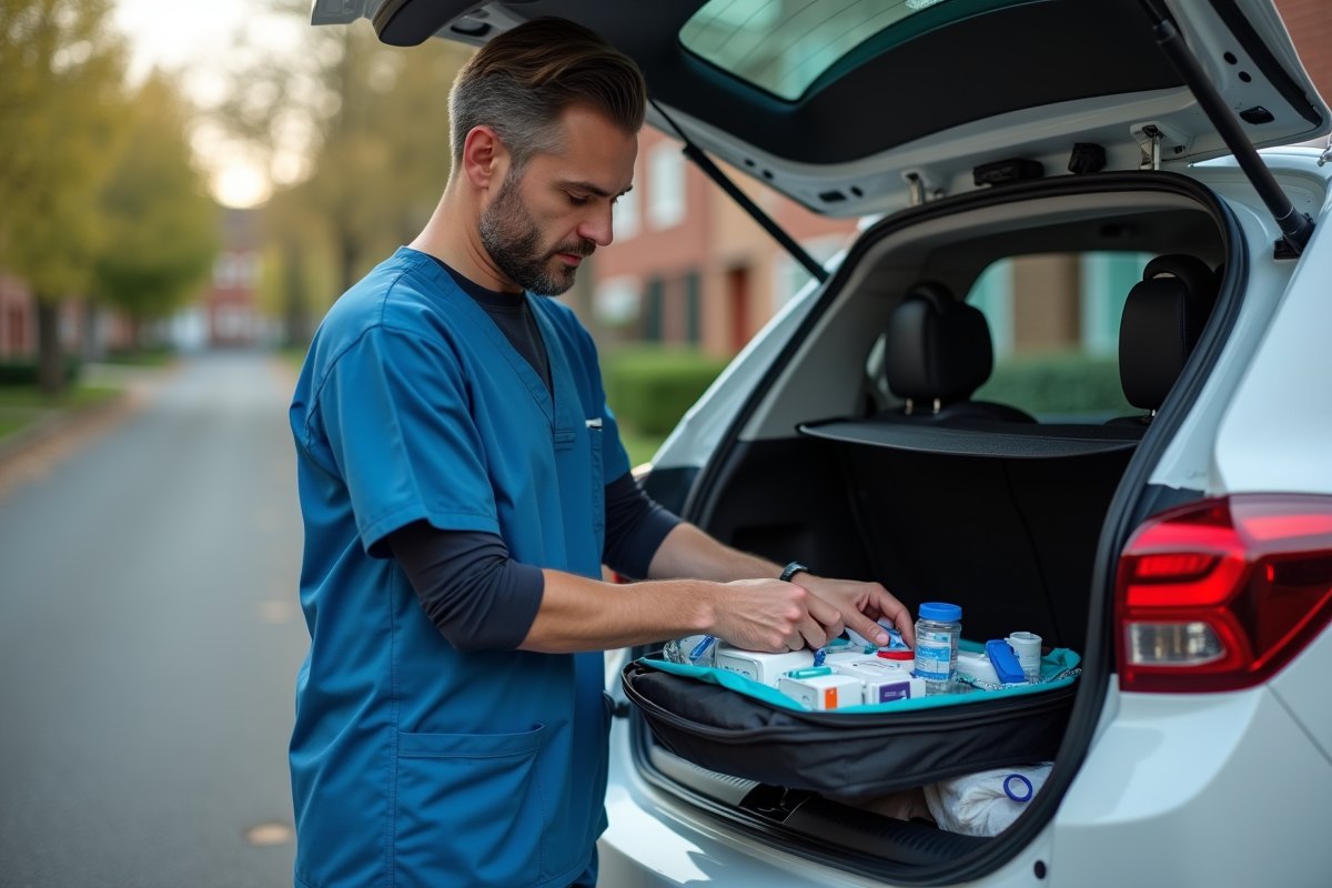 Infirmier homme préparant du matériel médical dans sa voiture