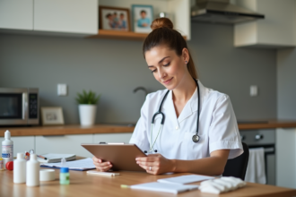 Infirmière femme en visite à domicile avec stethoscope
