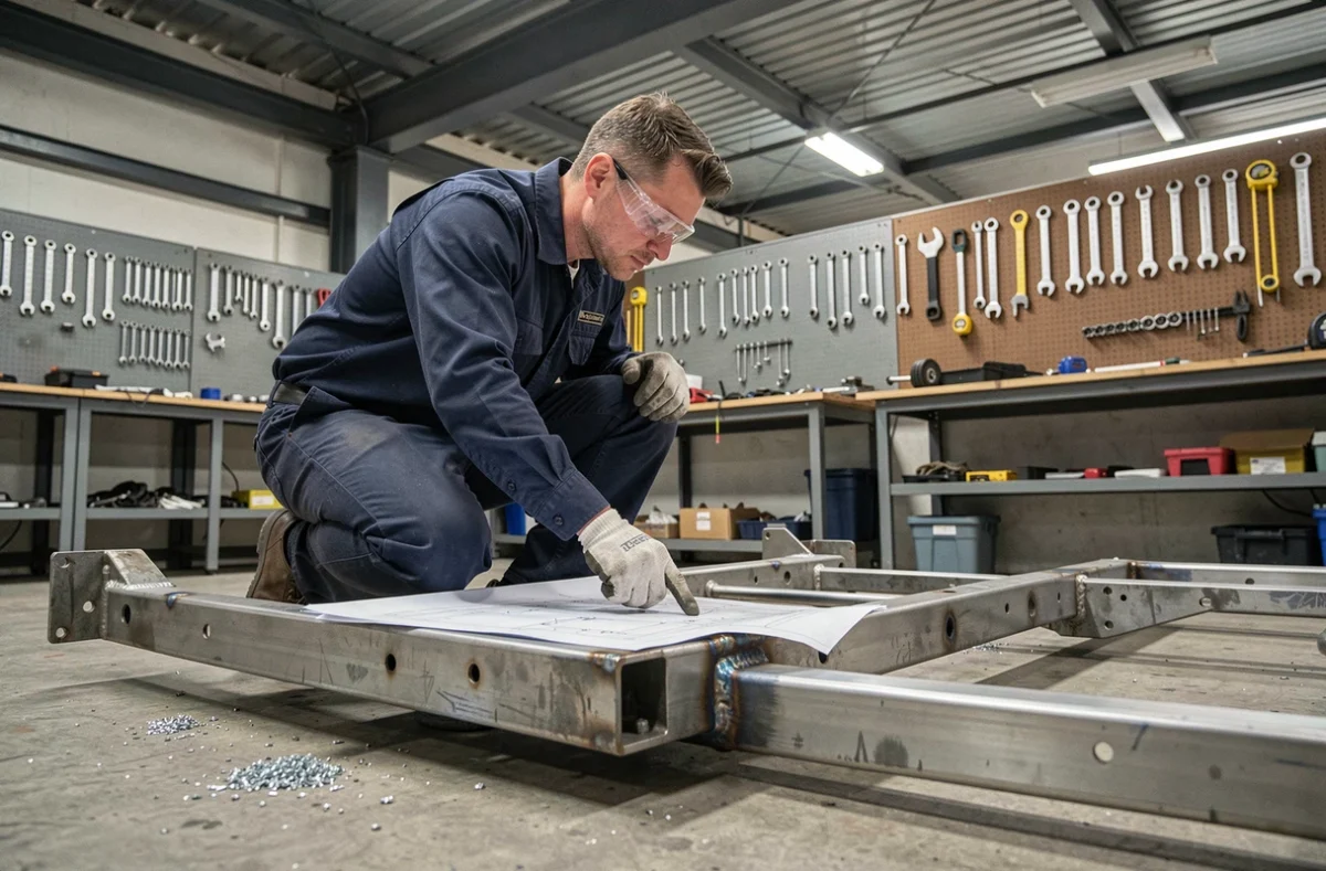 Ingénieur dimensionnant un franchassis en atelier de carrosserie industrielle