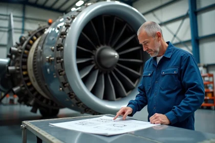 Ingénieur aéronautique examine un moteur d'avion civil