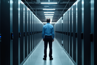 Ingénieur inspectant serveurs dans centre de données hightech