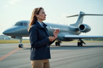 Ingénieure aéronautique expliquant la dynamique de l'air devant un jet