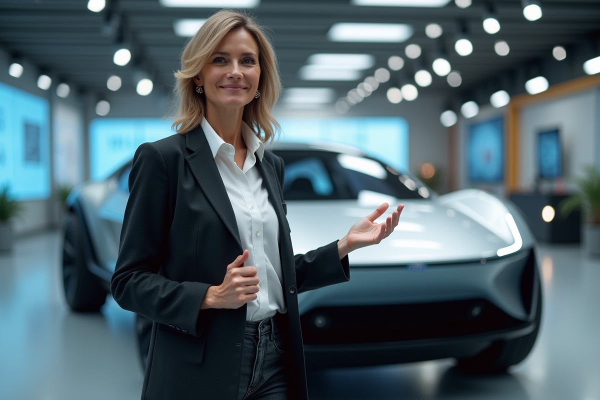 Ingénieure femme devant voiture électrique innovante