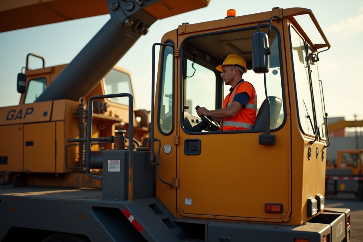 Technicien inspectant une grue camion en début de matinée
