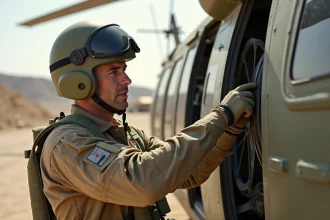 Technicien militaire en combinaison de vol inspectant un hélicoptère de l'armée sur une base avancée en zone aride lors d'une opération extérieure