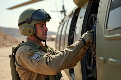 Technicien militaire en combinaison de vol inspectant un hélicoptère de l'armée sur une base avancée en zone aride lors d'une opération extérieure