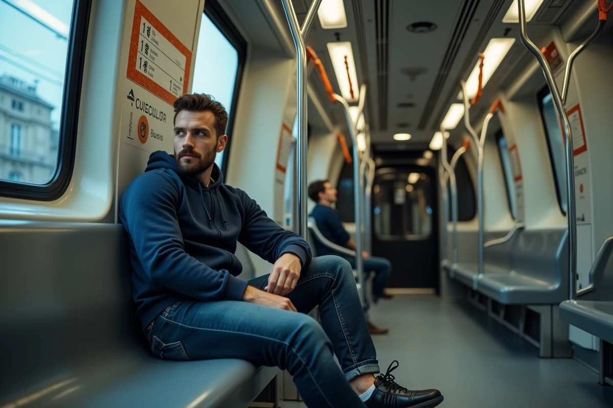 Passager assis dans le métro automatique ligne 14 à Paris, vue depuis la fenêtre avant sur le tunnel