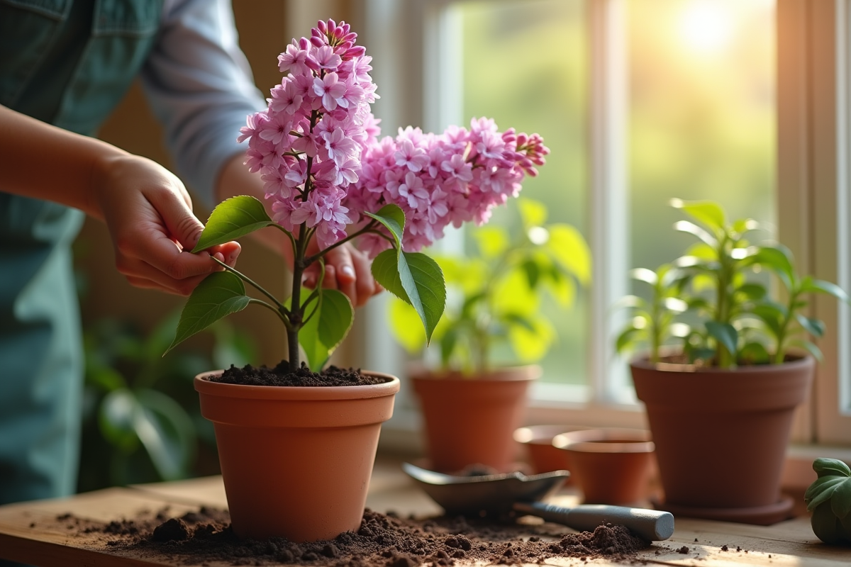 Jardinier plantant un lilas dans un pot en terre cuite ensoleille