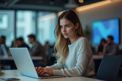 Jeune femme concentrée sur son ordinateur dans un bureau moderne