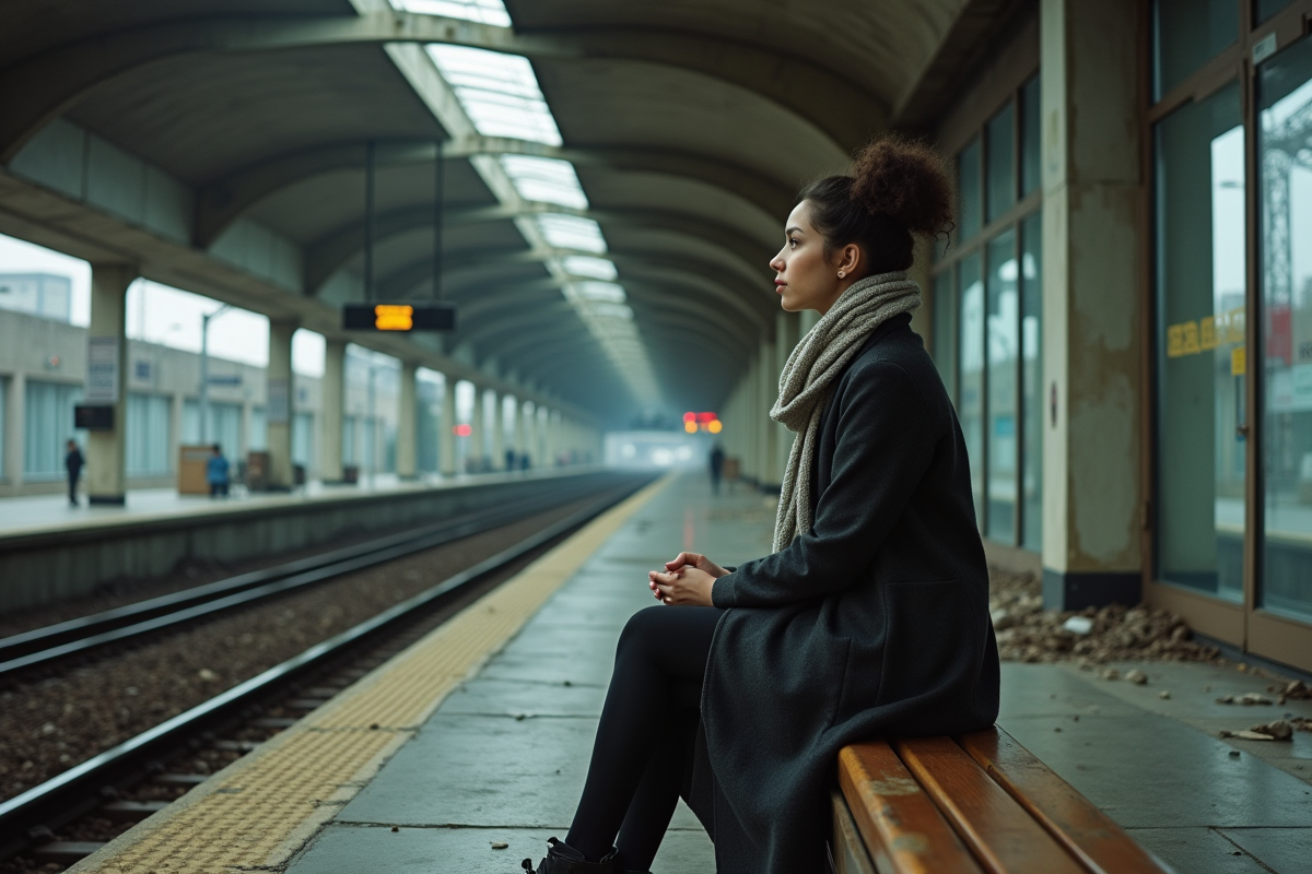 Jeune femme assise sur plateforme Hyperloop délaissée