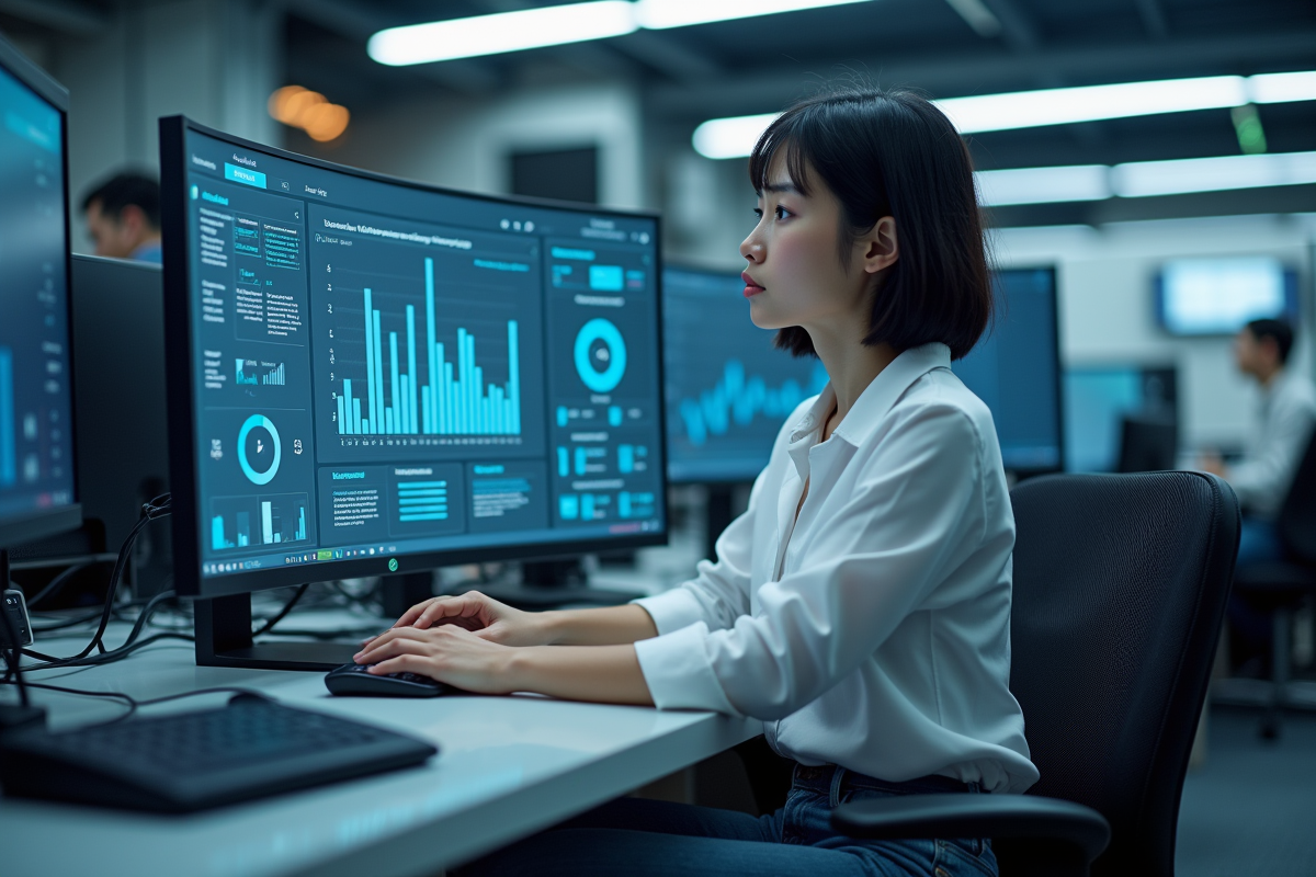 Jeune femme scientifique analysant performance sur moniteur