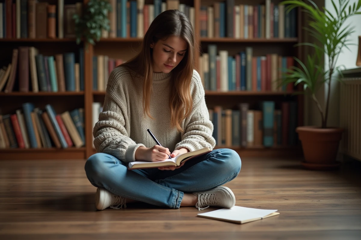 Jeune femme écrivant dans un journal dans une bibliothèque