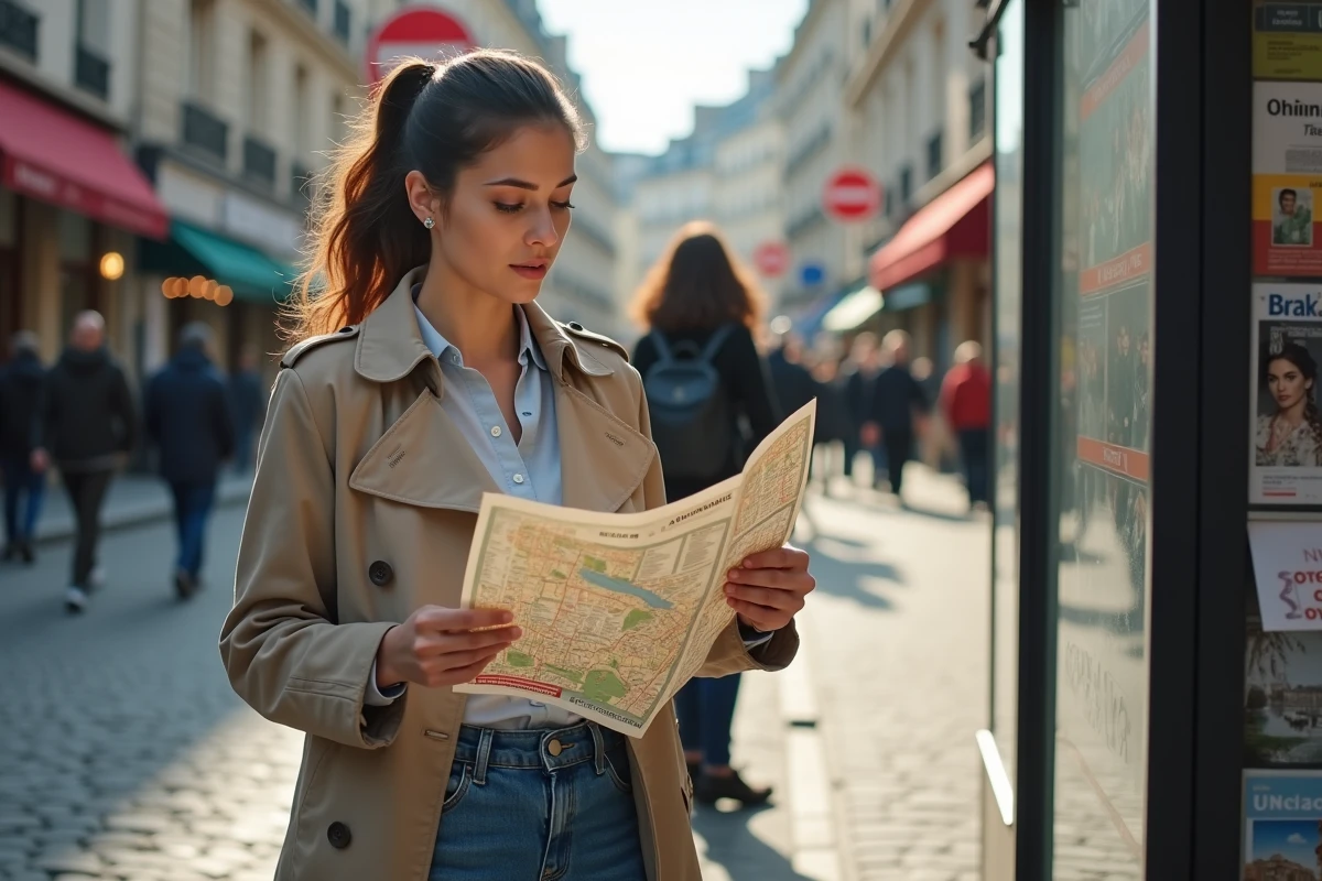 Jeune femme à Paris consulte une carte des arrondissements
