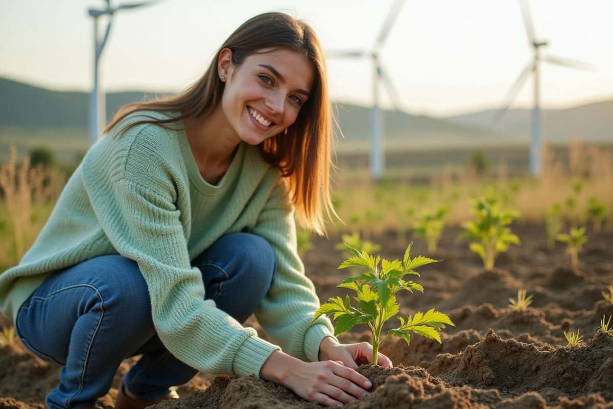 Jeune femme plantant un arbre dans un champ rural