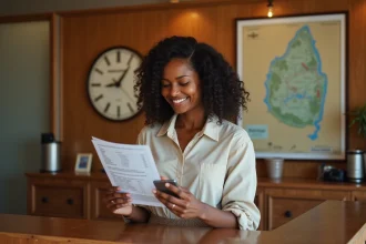 Jeune femme malgache à la réception d'hôtel vérifiant sa réservation