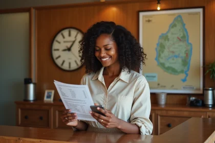 Jeune femme malgache à la réception d'hôtel vérifiant sa réservation