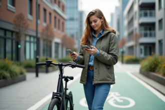 Jeune femme avec vélo électrique en ville moderne
