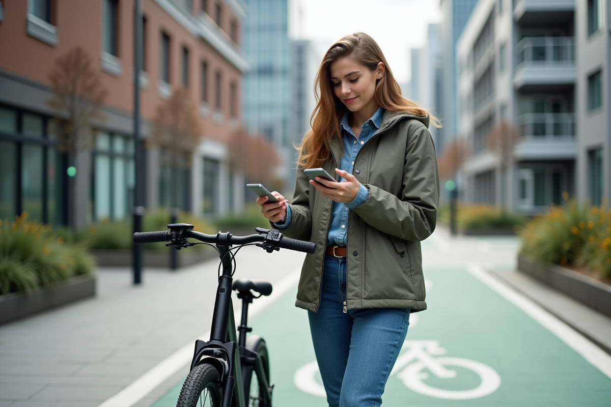 Jeune femme avec vélo électrique en ville moderne
