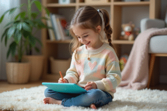 Jeune fille souriante utilisant une tablette dans un salon chaleureux
