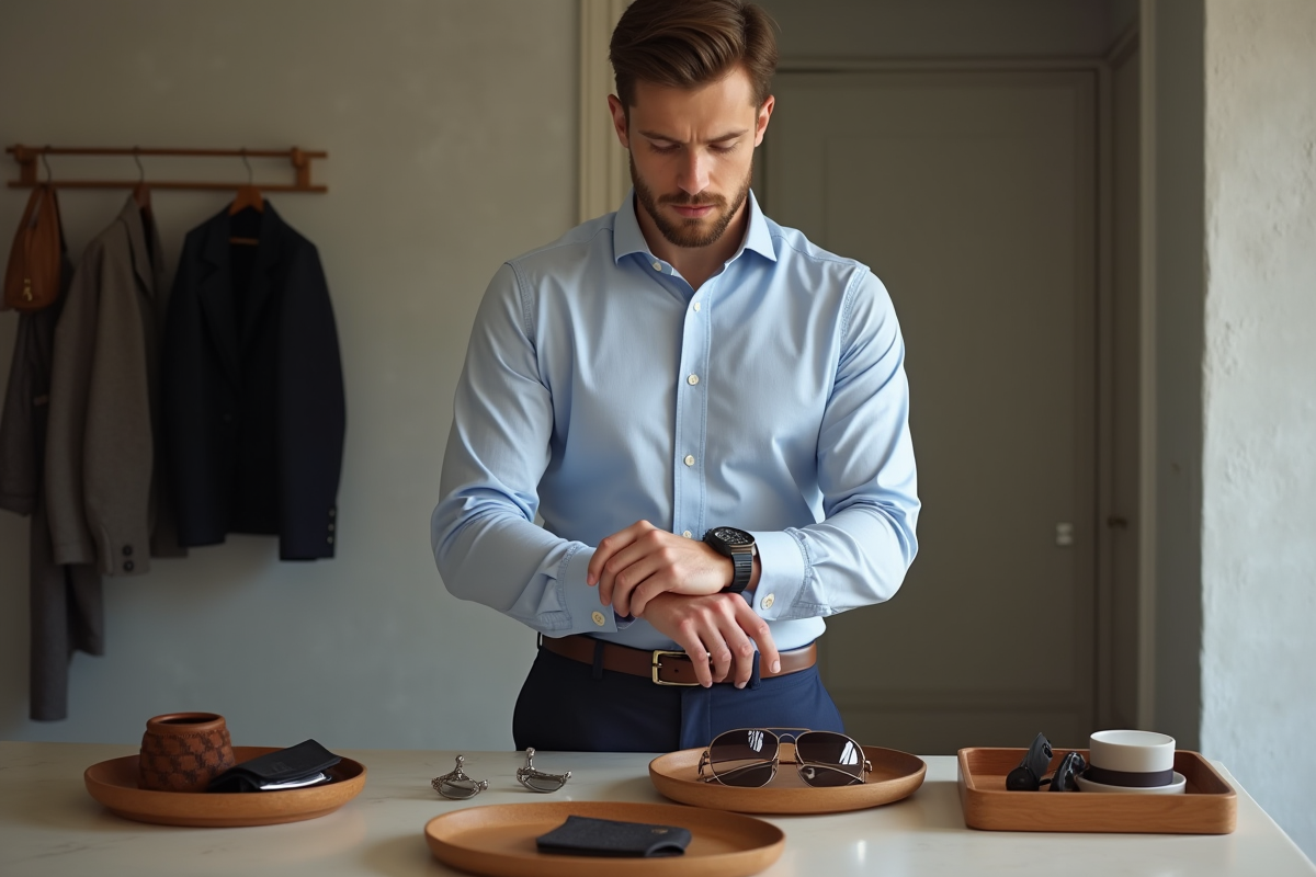Jeune homme ajustant sa montre avec accessoires autour