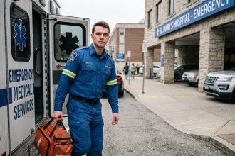 Jeune homme en uniforme EMS sortant d'une ambulance