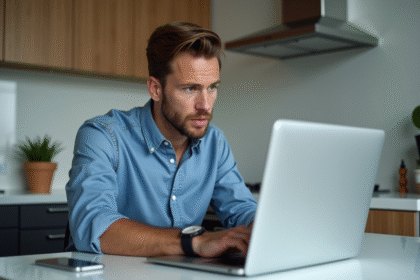 Jeune homme professionnel examine son ordinateur portable dans une cuisine moderne