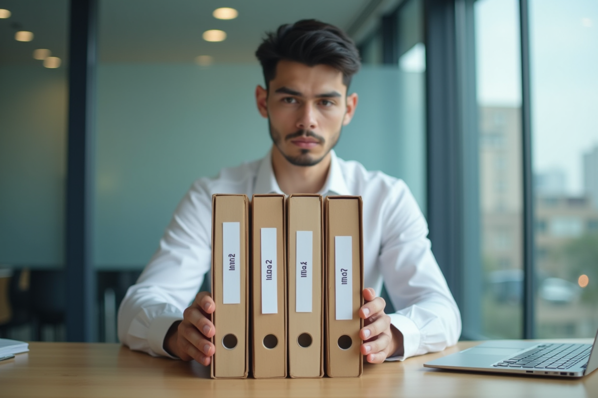 Jeune homme en bureau avec dossiers marqués m1 à m5