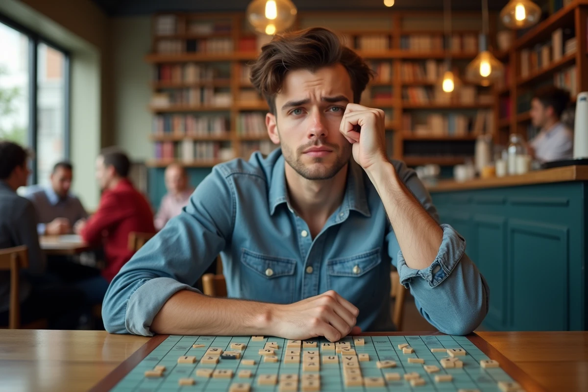 Jeune homme frustré jouant au Scrabble au café