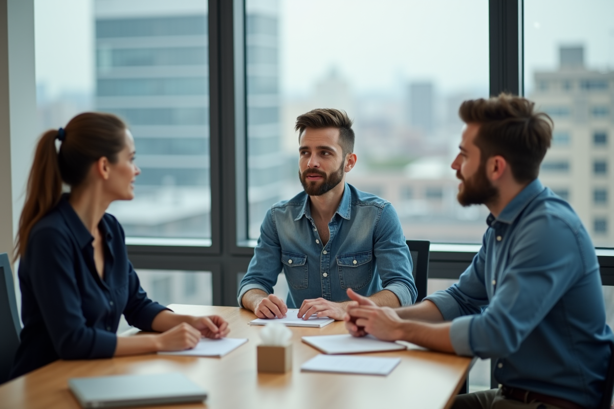 Jeune homme discutant avec un conseiller dans un bureau moderne