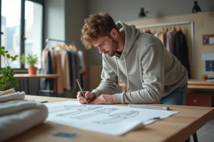 Jeune homme en streetwear esquissant des designs de mode dans un studio