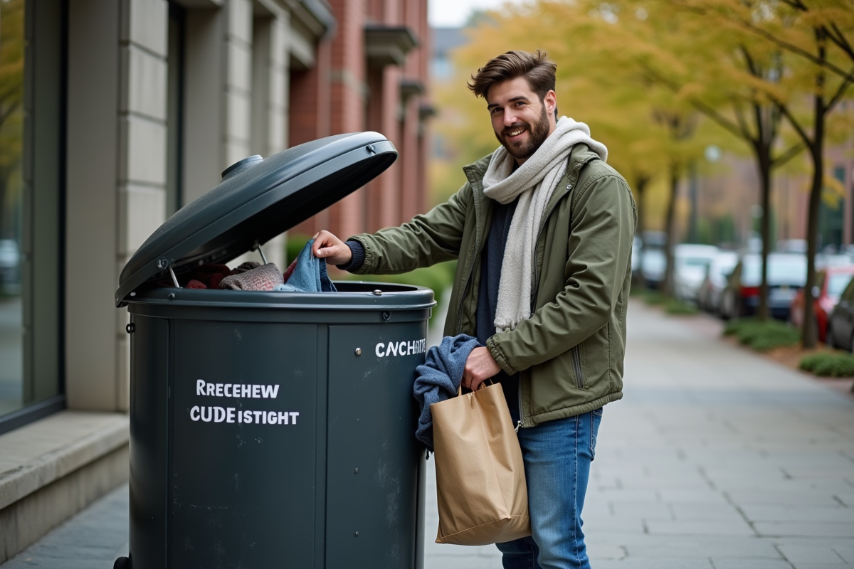 Jeune homme déposant un manteau dans une borne de dons