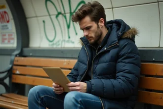 Jeune homme assis sur un banc de métro parisien avec une enveloppe