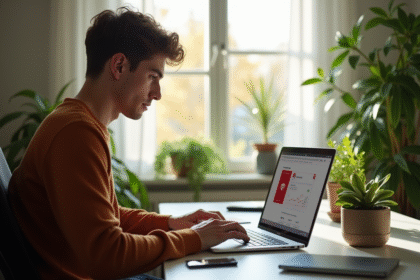 Jeune homme utilisant un ordinateur avec VPN à la maison